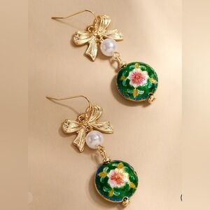 Francesca’s Susan Bow Ceramic Drop Gold, Pink, and Green Floral Earrings